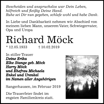 Traueranzeige von Richard Möck von Super Sonntag SGH Mansf. Land