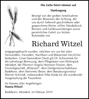 Traueranzeige von Richard Witzel von Mitteldeutsche Zeitung