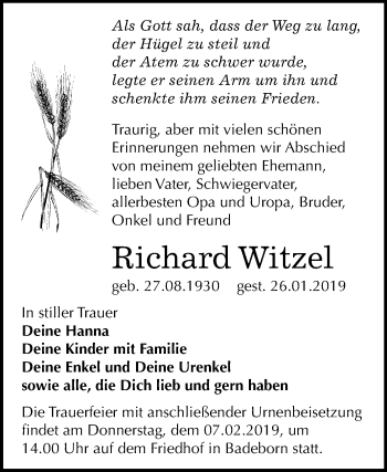 Traueranzeige von Richard Witzel von Mitteldeutsche Zeitung