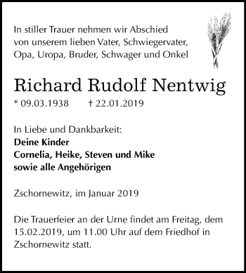 Traueranzeige von Richard Rudolf Nentwig von WVG - Wochenspiegel Wittenberg