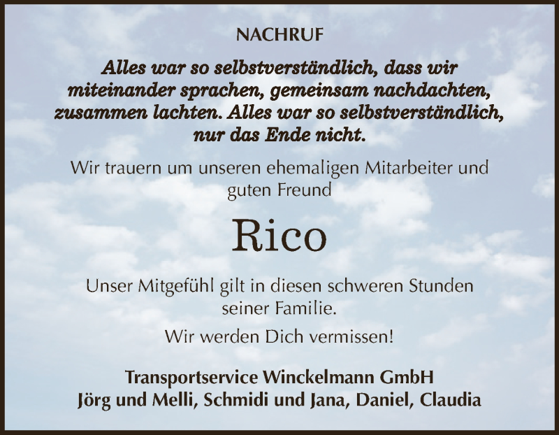  Traueranzeige für Rico   vom 10.11.2018 aus Super Sonntag Zeitz