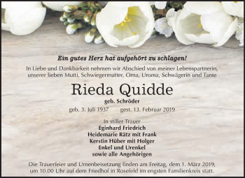 Traueranzeige von Rieda Quidde von WVG - Wochenspiegel Dessau / Köthen