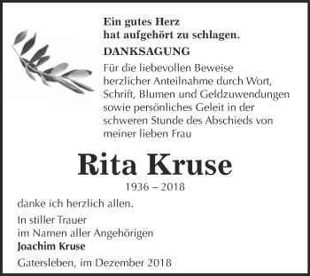 Traueranzeige von Rita Kruse von Super Sonntag Aschersleben