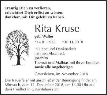Traueranzeige von Rita Kruse von Super Sonntag Aschersleben