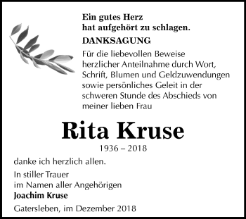 Traueranzeige von Rita Kruse von Mitteldeutsche Zeitung Aschersleben