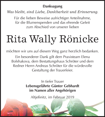 Traueranzeige von Rita Wally Rönicke von Mitteldeutsche Zeitung Bitterfeld