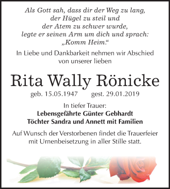 Traueranzeige von Rita Wally Rönicke von Mitteldeutsche Zeitung Bitterfeld