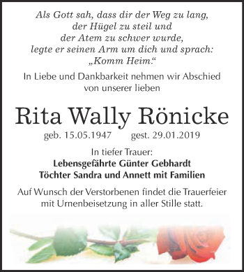 Traueranzeige von Rita Wally Rönicke von WVG - Wochenspiegel Bitterfeld