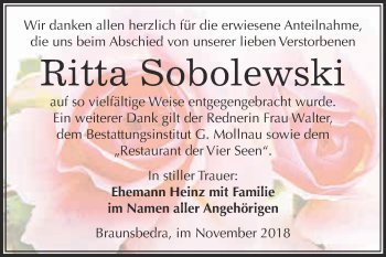 Traueranzeige von Ritta Sobolewski von WVG - Wochenspiegel Merseburg