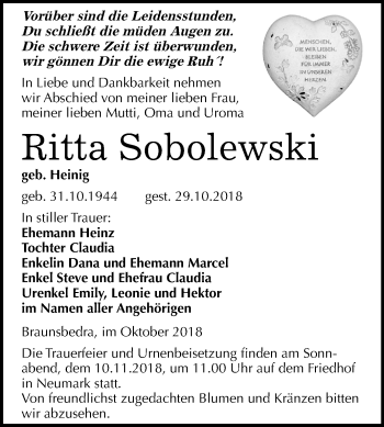 Traueranzeige von Ritta Sobolewski von Mitteldeutsche Zeitung Merseburg/Querfurt