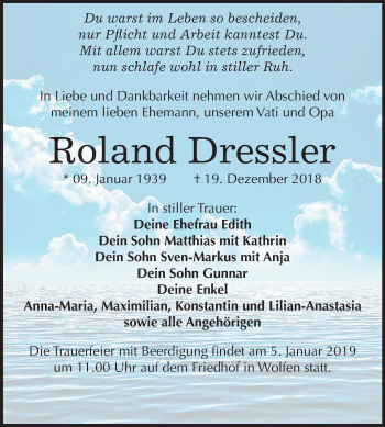 Traueranzeige von Roland Dressler von Mitteldeutsche Zeitung Bitterfeld