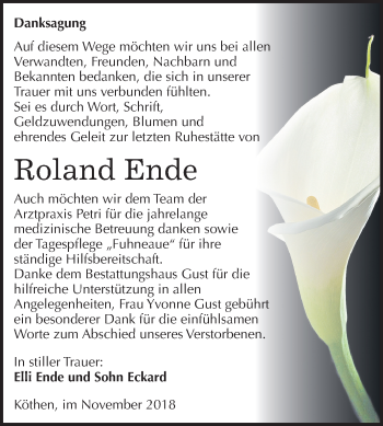 Traueranzeige von Roland Ende von Mitteldeutsche Zeitung Köthen