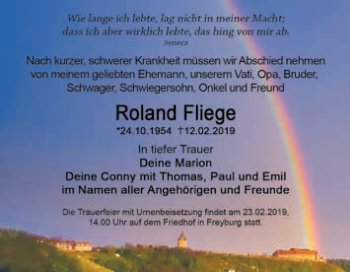 Traueranzeige von Roland Fliege von WVG - Wochenspiegel NMB / WSF / ZTZ