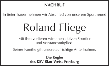 Traueranzeige von Roland Fliege von WVG - Wochenspiegel NMB / WSF / ZTZ