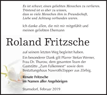 Traueranzeige von Roland Fritzsche von WVG - Wochenspiegel Bitterfeld
