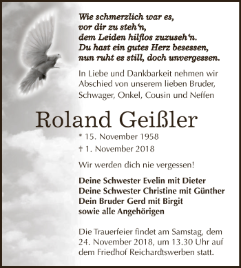Traueranzeige von Roland Geißler von WVG - Wochenspiegel NMB / WSF / ZTZ