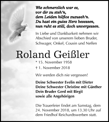 Traueranzeige von Roland Geißler von Mitteldeutsche Zeitung Weißenfels