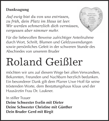 Traueranzeige von Roland Geißler von WVG - Wochenspiegel NMB / WSF / ZTZ