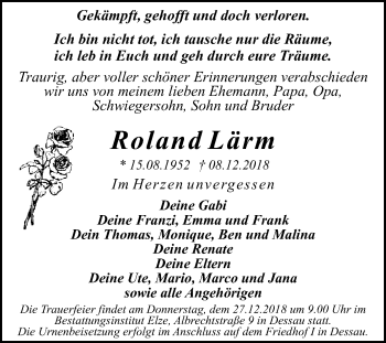 Traueranzeige von Roland Lärm von Mitteldeutsche Zeitung Dessau-Roßlau