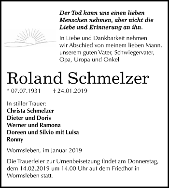 Traueranzeige von Roland Schmelzer von Wochenspiegel Mansfelder Land