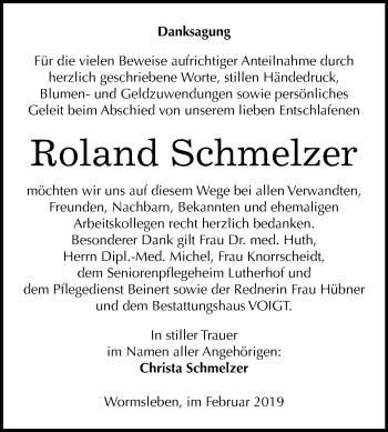 Traueranzeige von Roland Schmelzer von Wochenspiegel Mansfelder Land