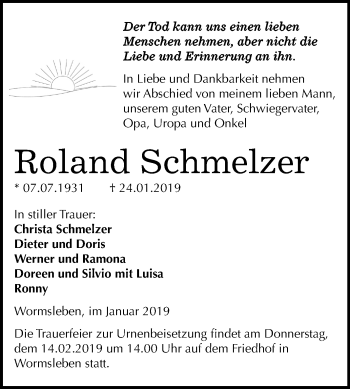 Traueranzeige von Roland Schmelzer von Mitteldeutsche Zeitung Mansfelder Land