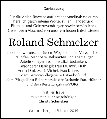 Traueranzeige von Roland Schmelzer von Mitteldeutsche Zeitung Mansfelder Land