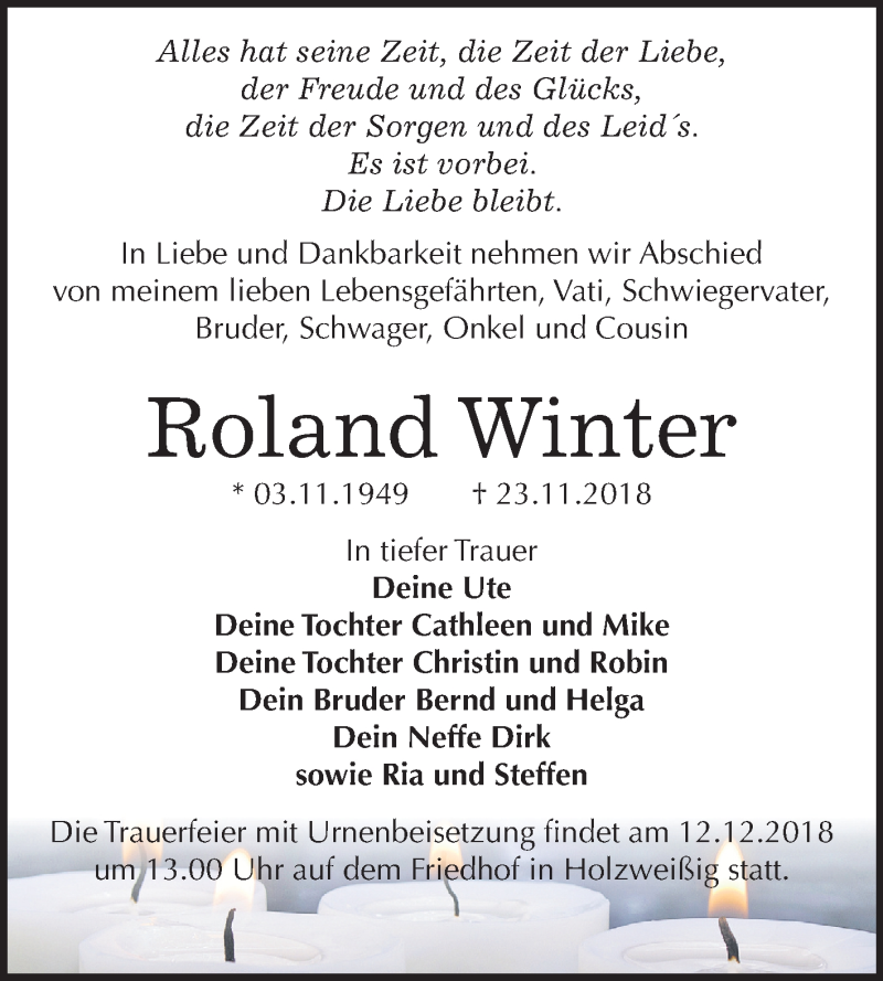  Traueranzeige für Roland Winter vom 30.11.2018 aus Mitteldeutsche Zeitung Bitterfeld