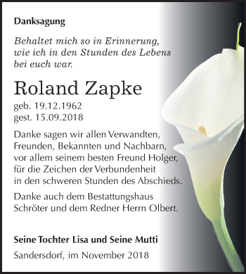 Traueranzeige von Roland Zapke von Mitteldeutsche Zeitung Bitterfeld