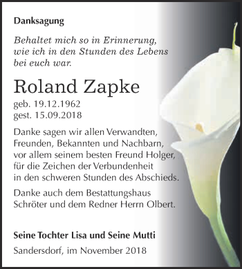 Traueranzeige von Roland Zapke von WVG - Wochenspiegel Bitterfeld