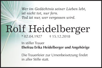 Traueranzeige von Rolf Heidelberger von Mitteldeutsche Zeitung Zeitz