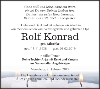 Traueranzeige von Rolf Konrad von WVG - Wochenspiegel Merseburg