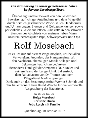 Traueranzeige von Rolf Mosebach von WVG - Wochenspiegel Quedlinburg