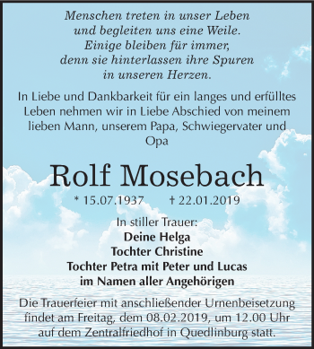 Traueranzeige von Rolf Mosebach von Mitteldeutsche Zeitung Quedlinburg