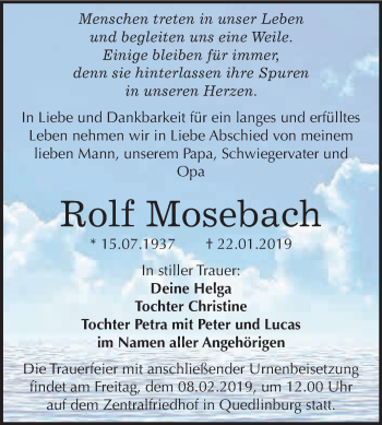 Traueranzeige von Rolf Mosebach von WVG - Wochenspiegel Quedlinburg