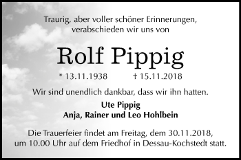Traueranzeige von Rolf Pippig von Mitteldeutsche Zeitung Dessau-Roßlau