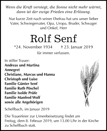 Traueranzeige von Rolf Senf von Super Sonntag Zeitz