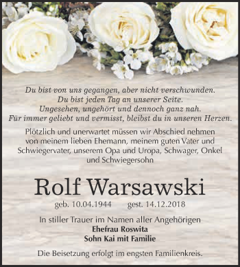 Traueranzeige von Rolf Warsawski von Super Sonntag Bernburg