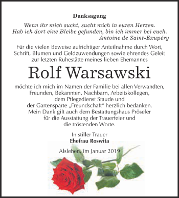 Traueranzeige von Rolf Warsawski von Super Sonntag Bernburg