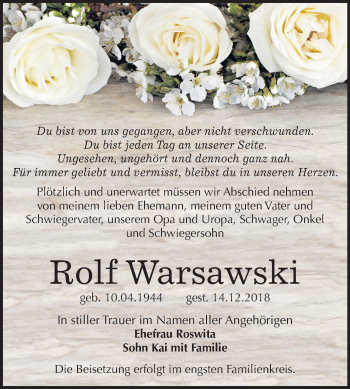 Traueranzeige von Rolf Warsawski von Mitteldeutsche Zeitung Bernburg