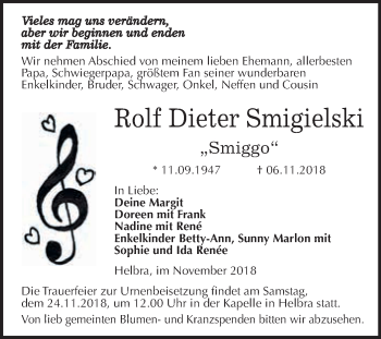 Traueranzeige von Rolf Dieter Smigielski von Wochenspiegel Mansfelder Land