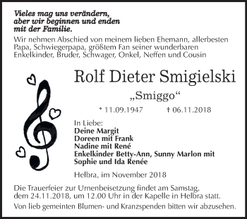 Traueranzeige von Rolf Dieter Smigielski von Mitteldeutsche Zeitung Aschersleben