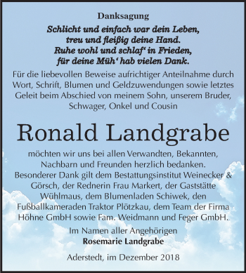 Traueranzeige von Ronald Landgrabe von Mitteldeutsche Zeitung Bernburg