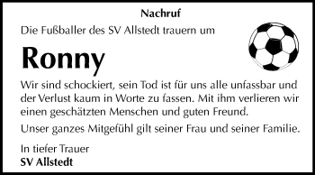 Traueranzeige von Ronny  von Mitteldeutsche Zeitung Sangerhausen