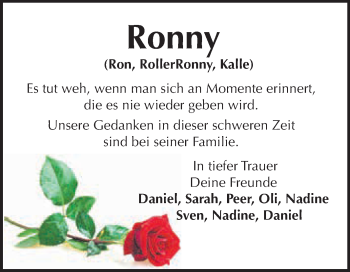Traueranzeige von Ronny  von Super Sonntag SGH Mansf. Land