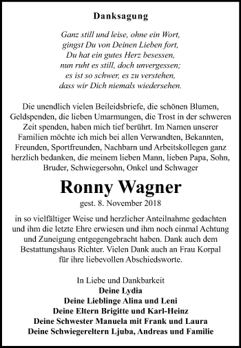 Traueranzeige von Ronny Wagner von Mitteldeutsche Zeitung Sangerhausen