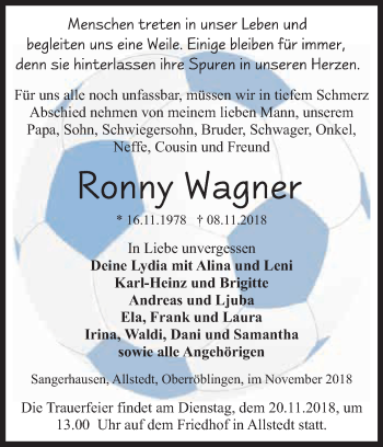 Traueranzeige von Ronny Wagner von Super Sonntag SGH Mansf. Land