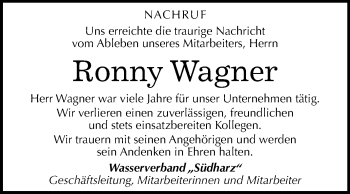 Traueranzeige von Ronny Wagner von Mitteldeutsche Zeitung Sangerhausen