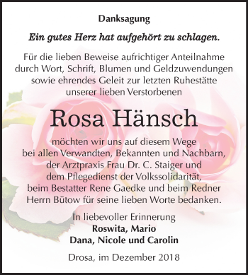 Traueranzeige von Rosa Hänsch von Mitteldeutsche Zeitung Köthen