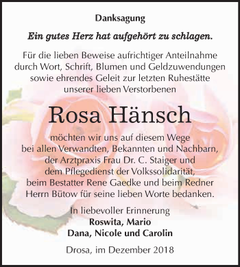 Traueranzeige von Rosa Hänsch von WVG - Wochenspiegel Dessau / Köthen